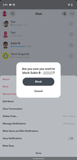 Blocking a User on Snapchat