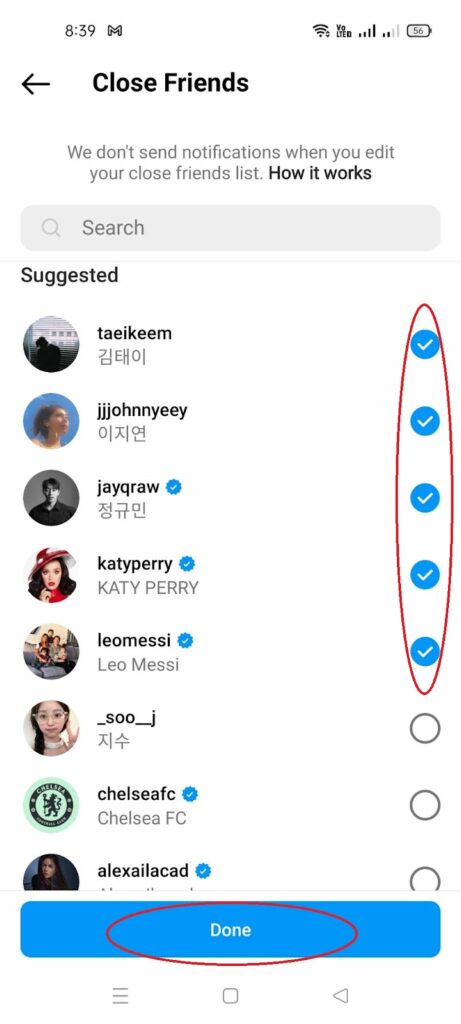 Tap the "Add" button next to each person you want to include in your Close Friends list.