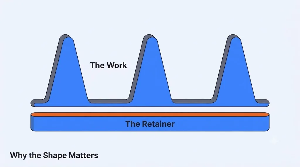 Three tall bursts of work above a flat unchanging retainer line