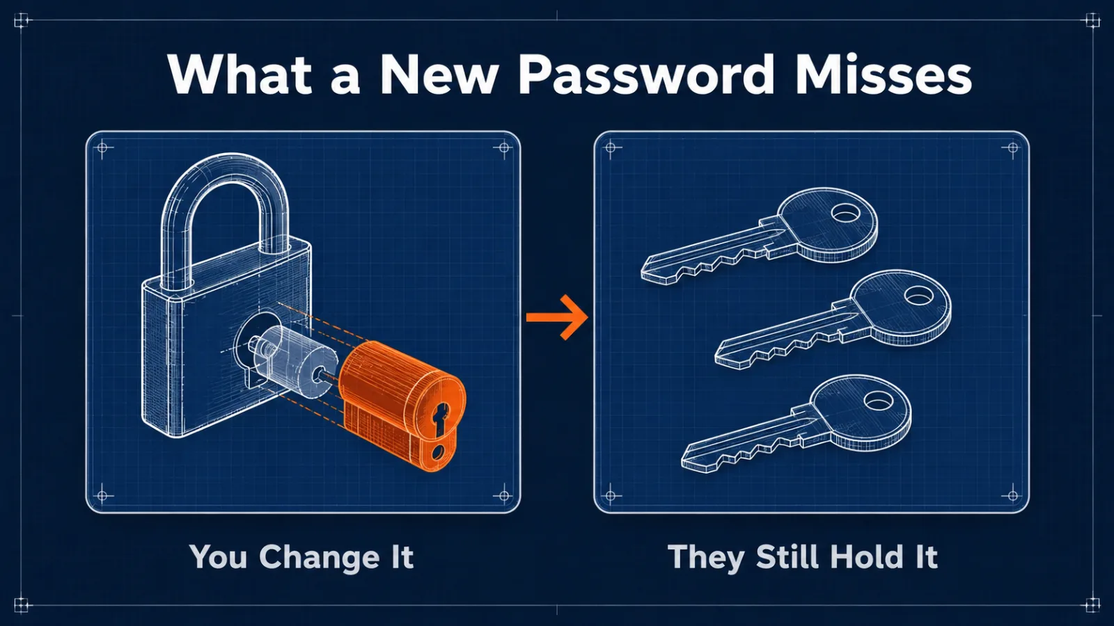 A re-keyed lock beside three keys still held elsewhere, showing access that survives a password change