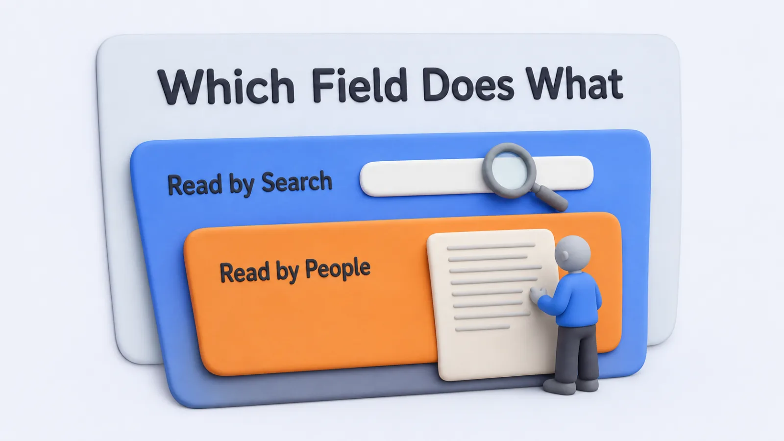 A short name field under a magnifier beside a longer bio block being read by a person