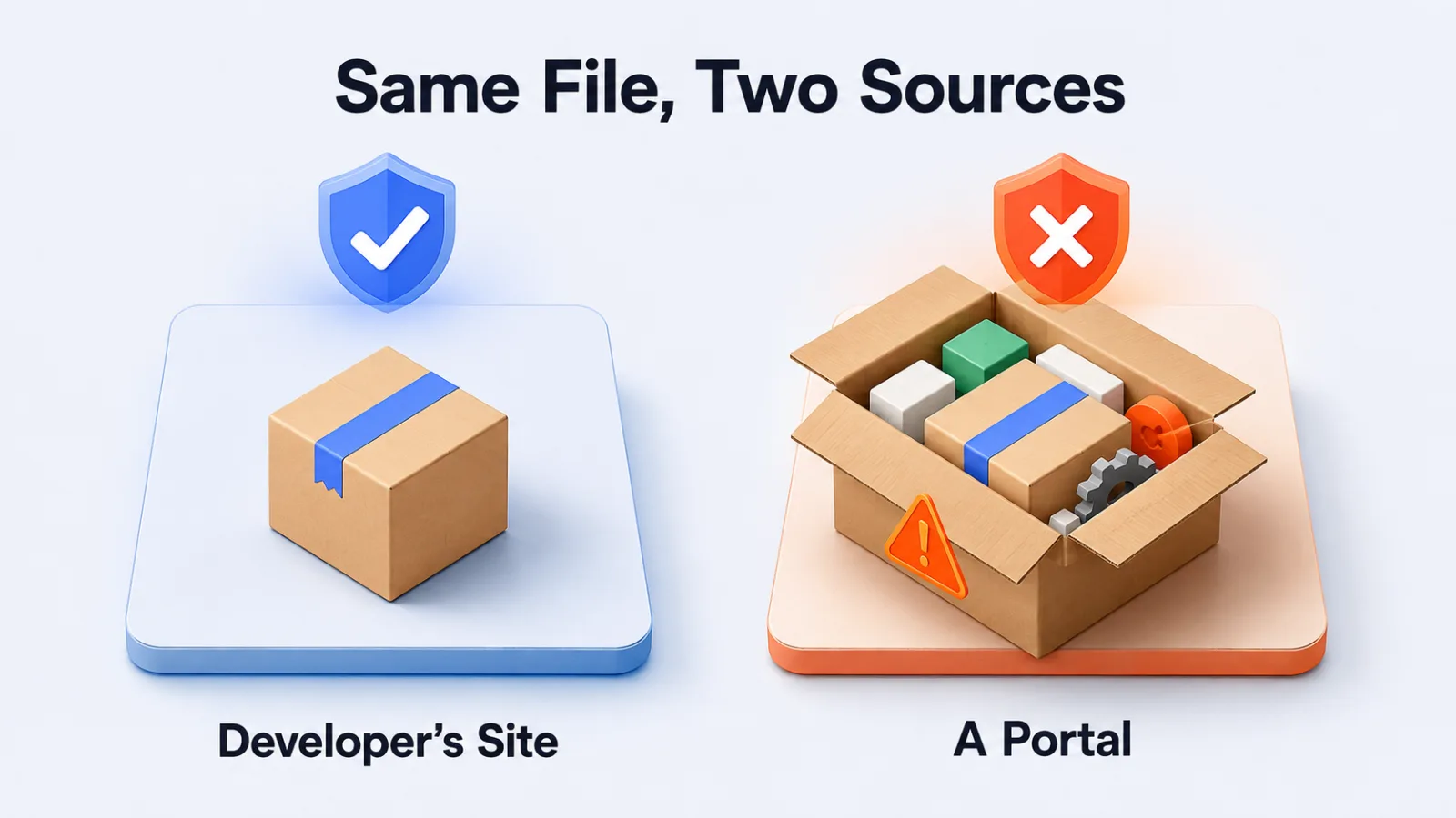 Two panels comparing a plain download from the developer against a portal-wrapped one