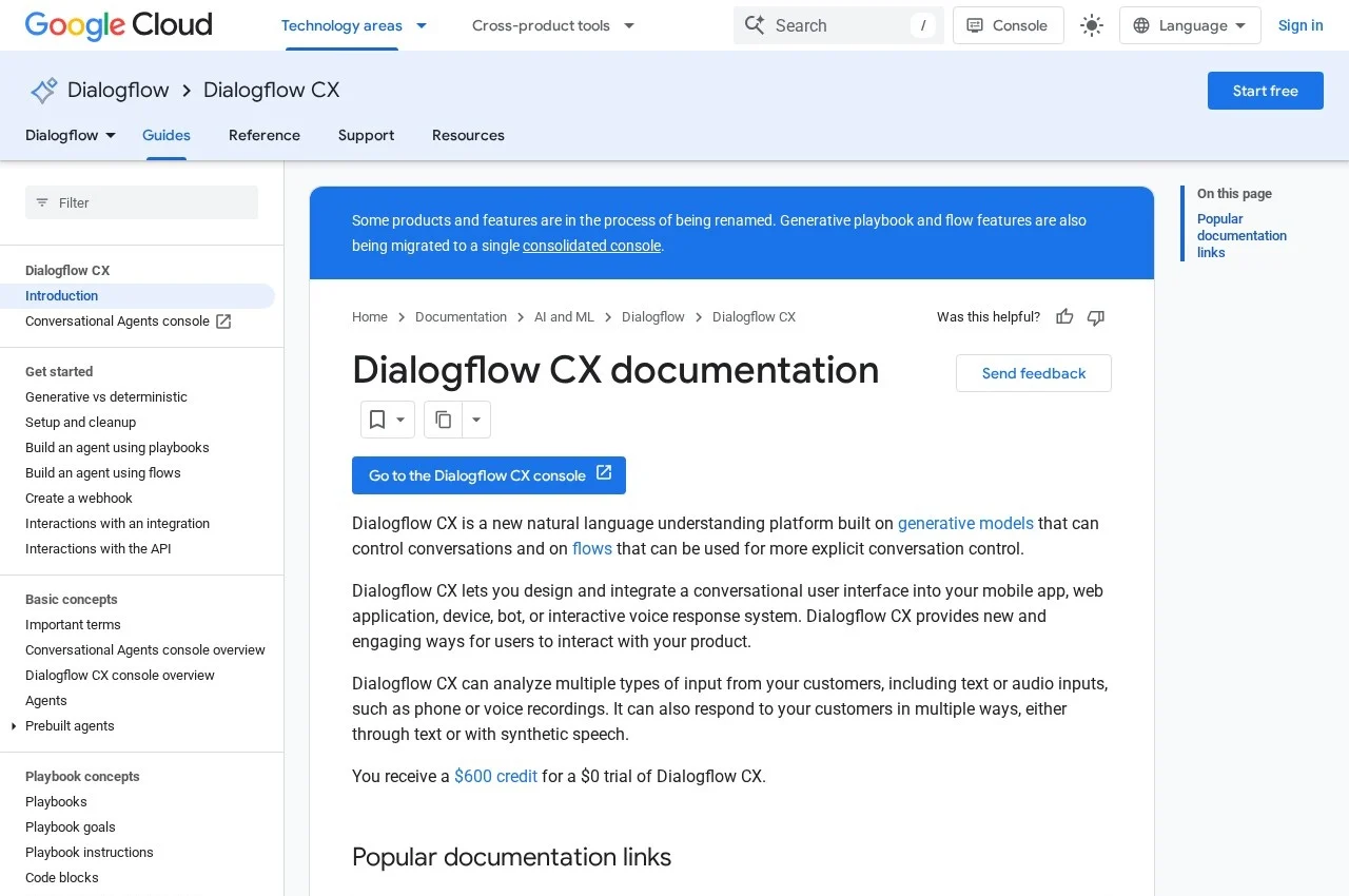 Google Dialogflow screenshot