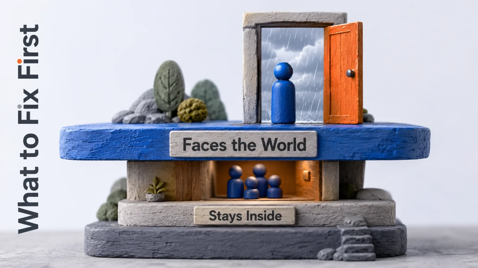 One exposed shape at an open doorway beside sheltered shapes further inside