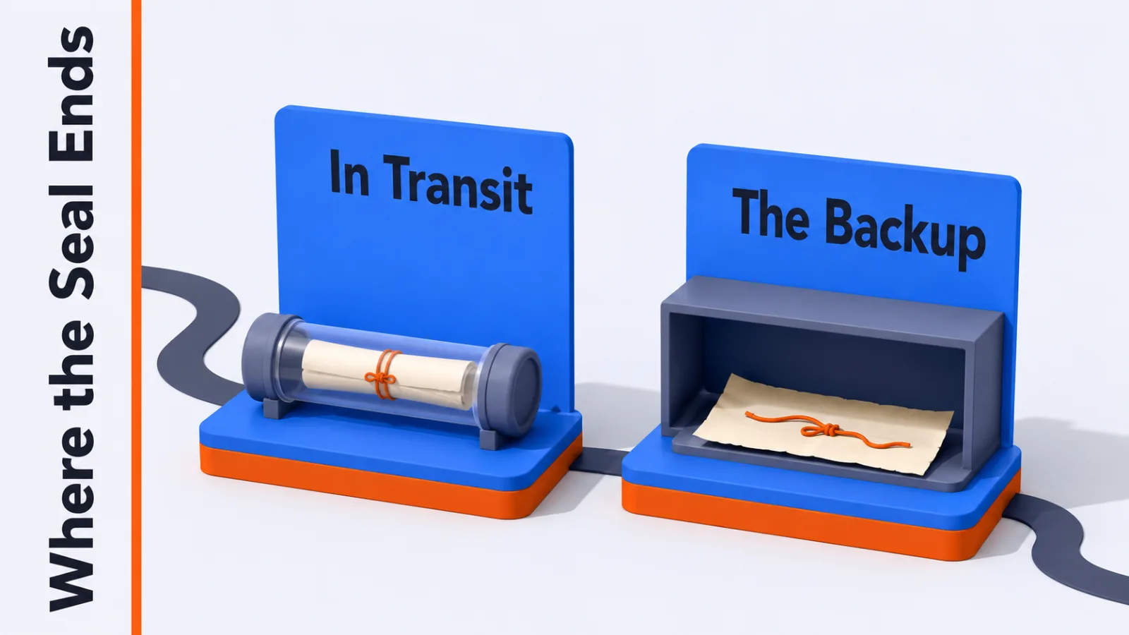 A sealed channel carrying a message beside an unsealed backup copy stored outside it