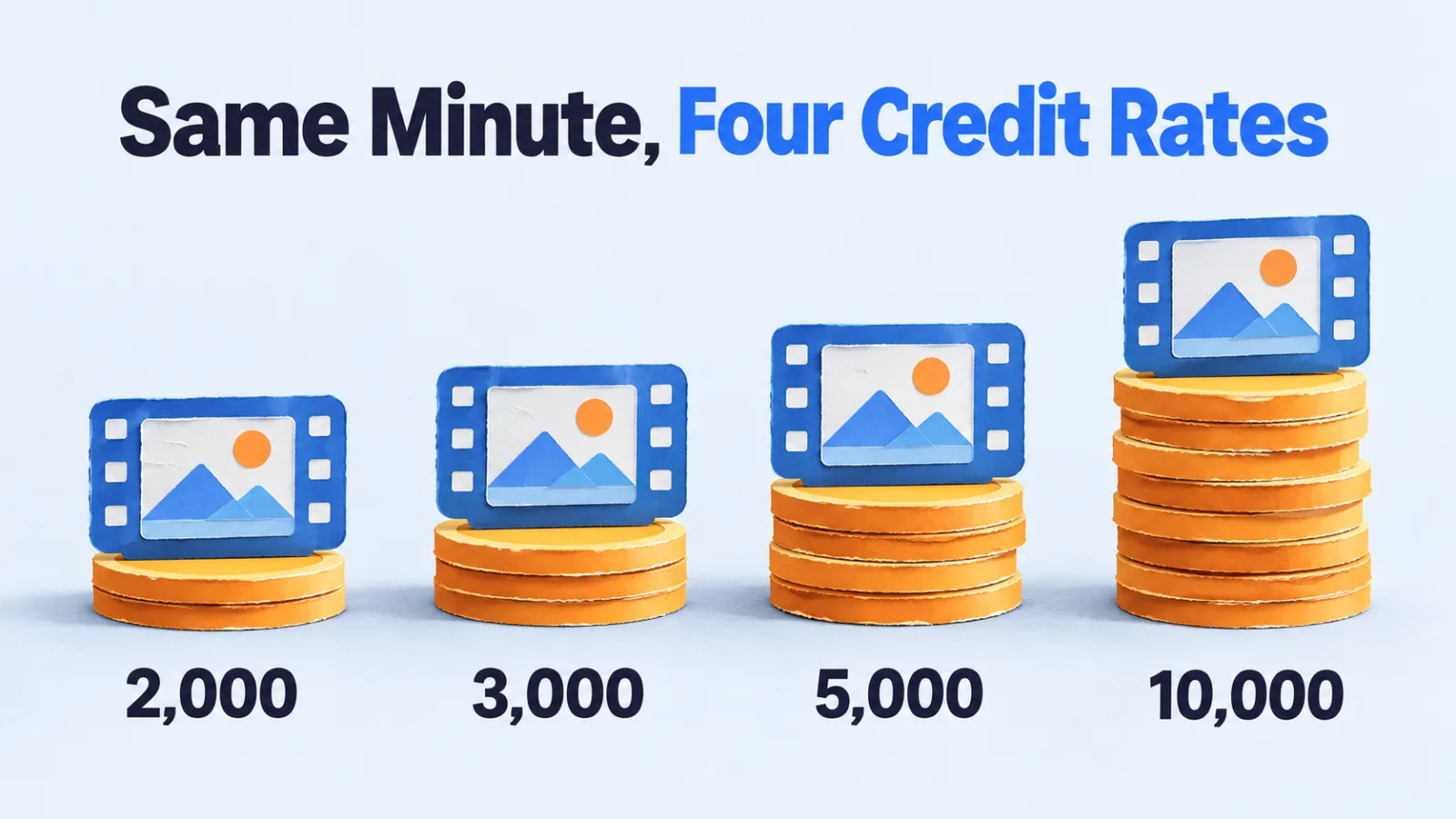 Four identical film clips on coin stacks growing from 2,000 to 10,000 credits