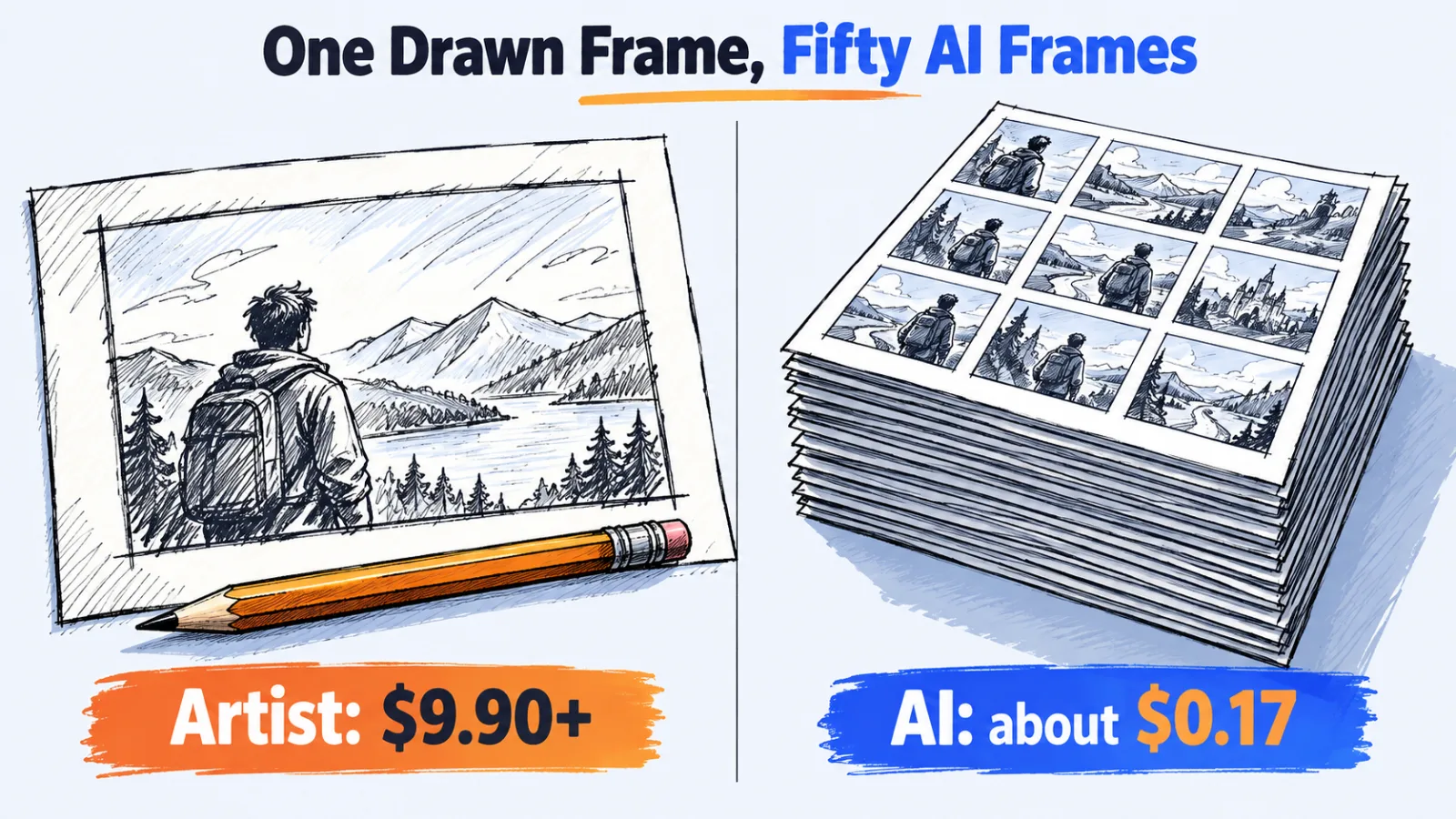 One hand-drawn storyboard panel beside a stack of many AI-generated panels