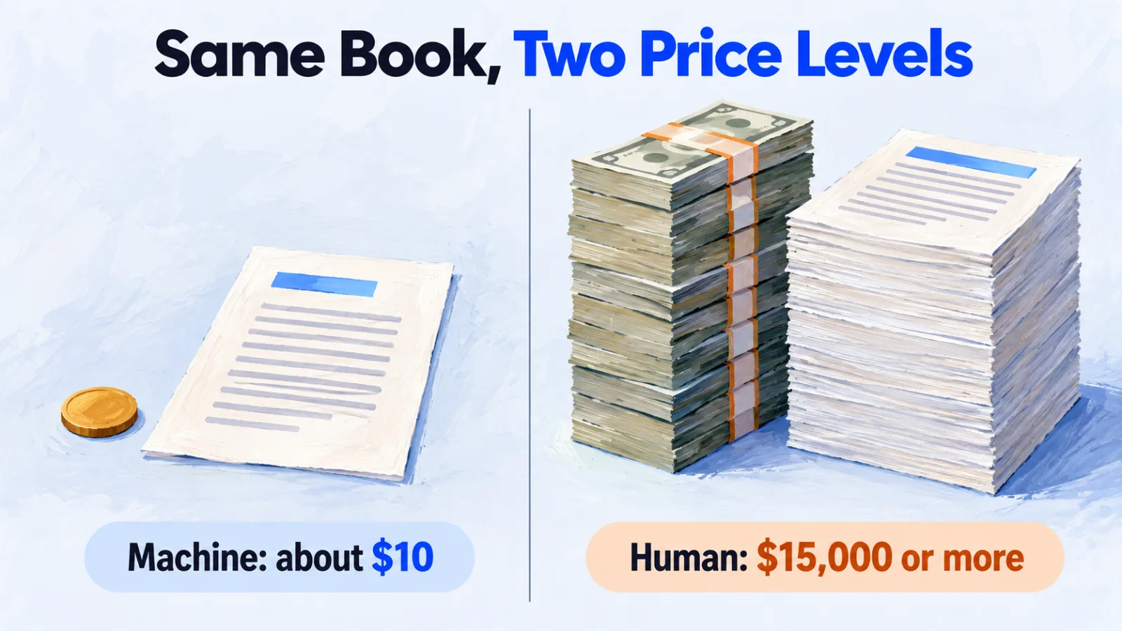 One small coin beside one page, against a tall stack of banknotes beside a tall stack of pages