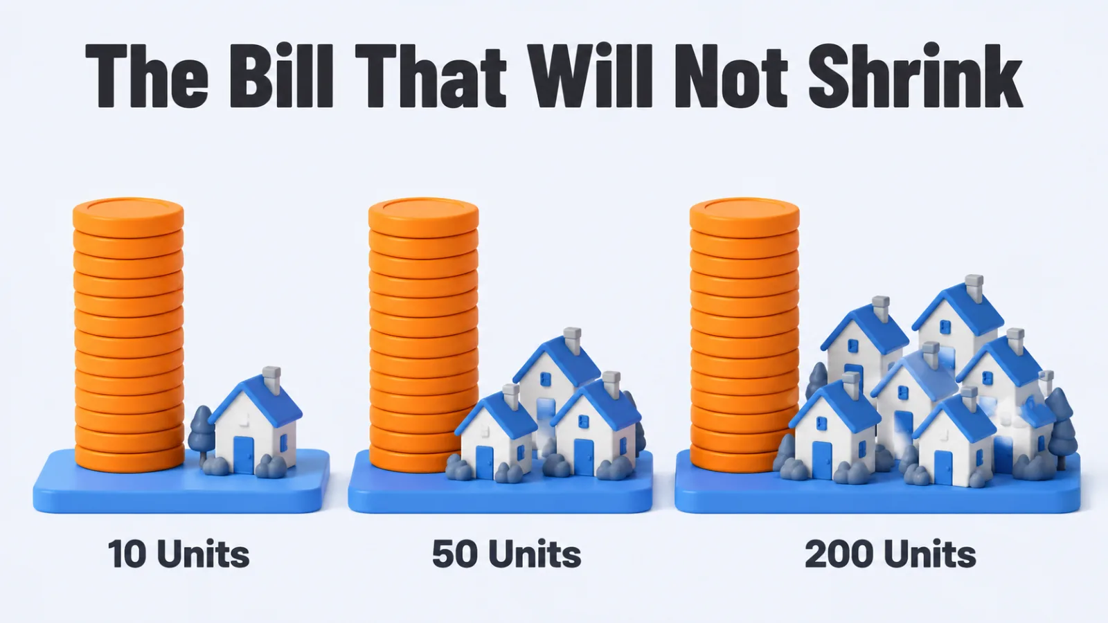 Three identical coin stacks beside growing groups of houses, showing a fixed minimum