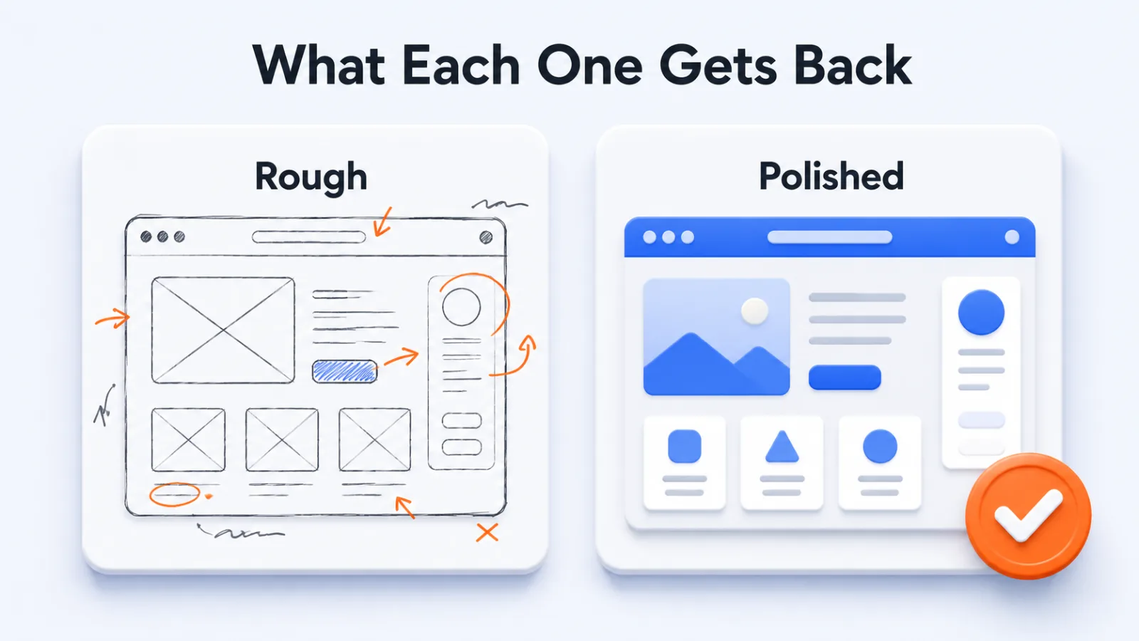 A rough screen covered in corrections beside a polished screen with only a tick