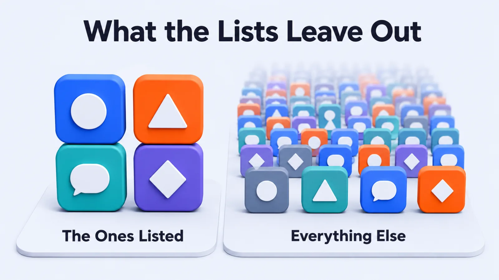 Four unbranded app tiles in front of a much larger fading crowd of others