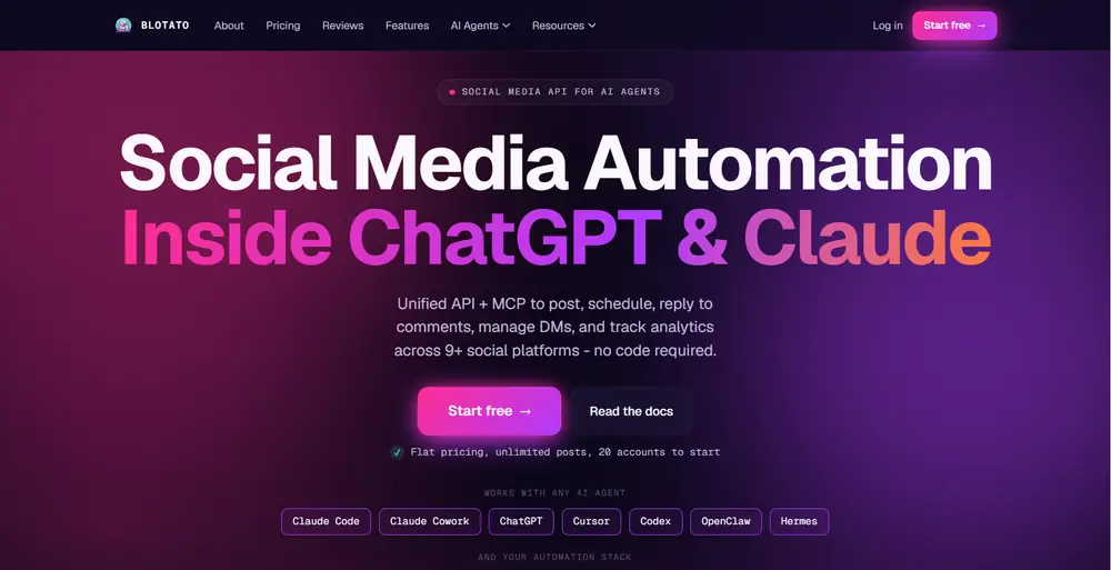 Blotato homepage showing its social media API for AI agents