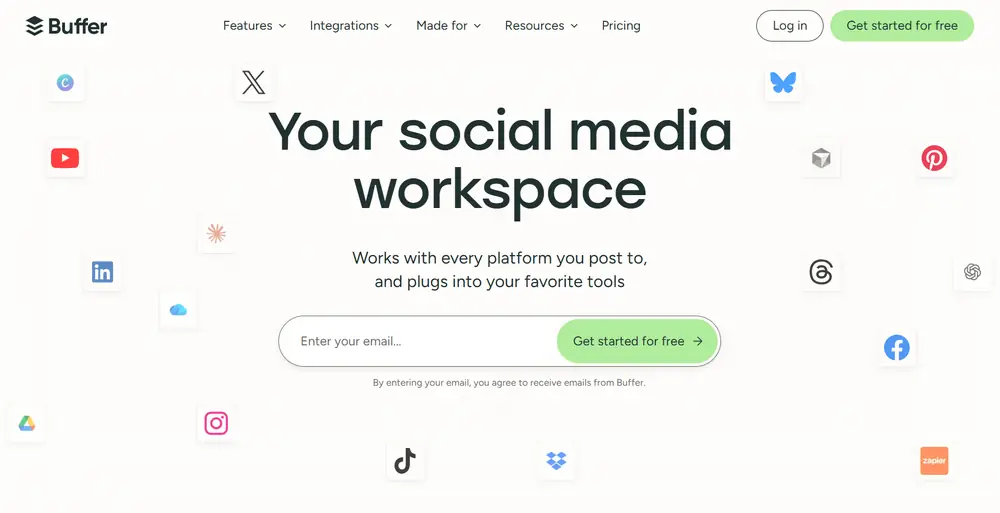 Buffer homepage showing its social media scheduling and publishing tools