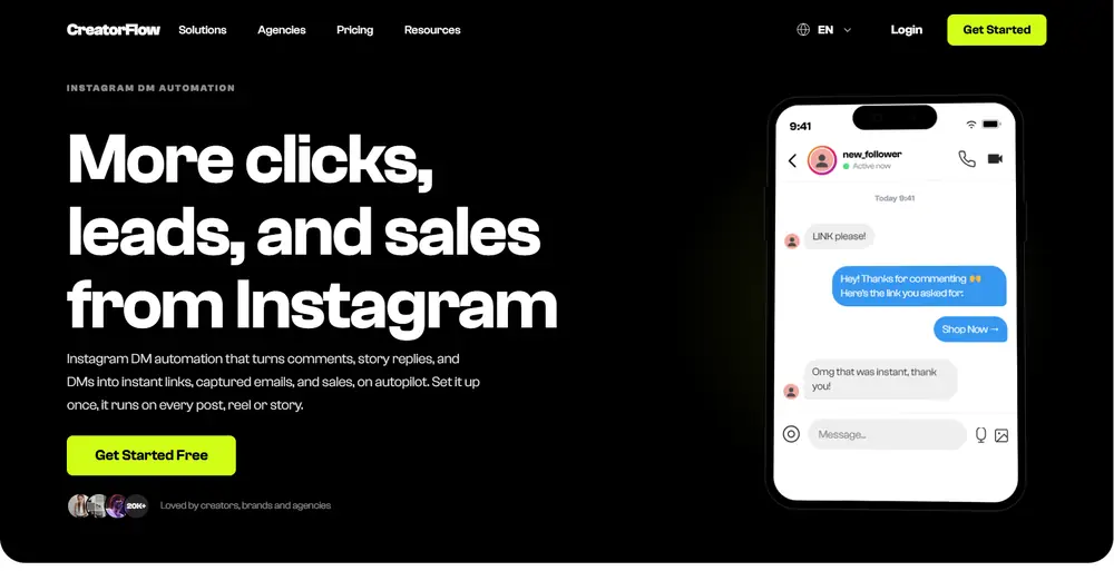 CreatorFlow homepage showing its Instagram comment-to-DM automation