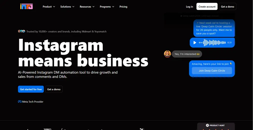 Inro homepage showing its Instagram DM automation with an AI Agent